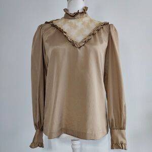 Vintage Western Prairie Blouse Champagne Shirt Ruffle Lace Victorian Button MJ
